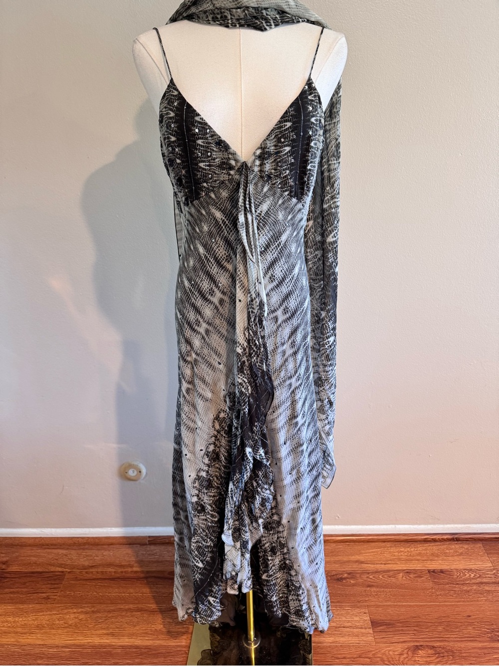 Vintage Chetta B Silk-Like Beaded High Low Dress & Scarf